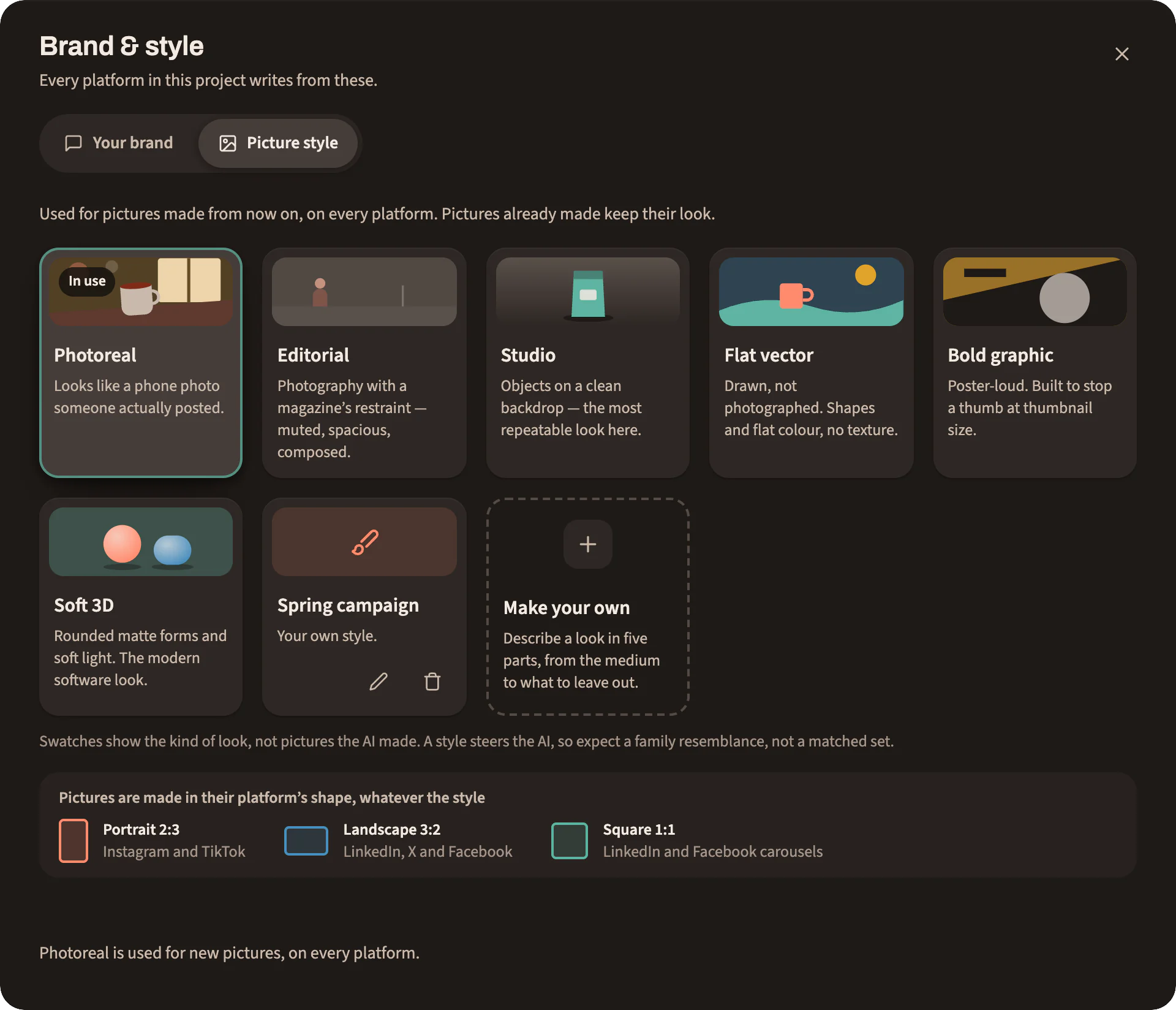 Six picture styles, Photoreal, Editorial, Studio, Flat vector, Bold graphic and Soft 3D, plus a saved style of the brand’s own, a tile to make another, and each platform’s picture shape